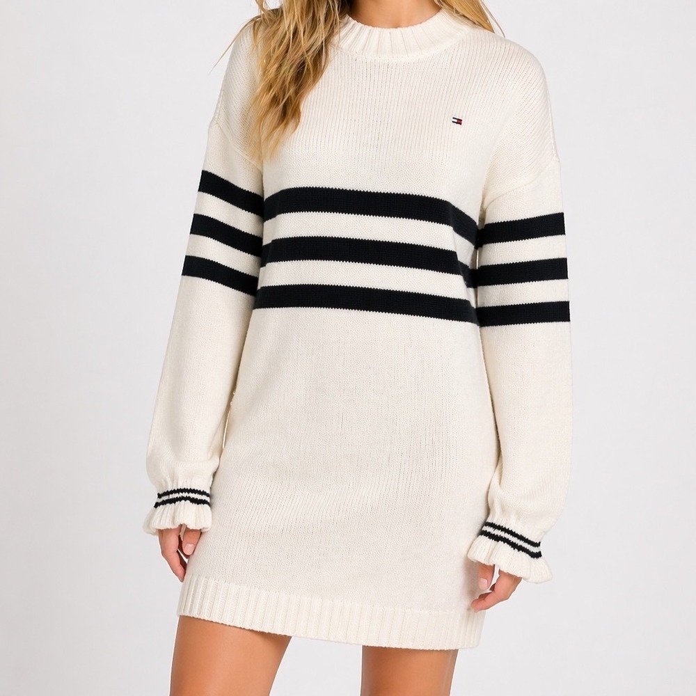 Tommy Hilfiger Preppy Knit‎ Ruffled Sweater Dress Striped Juniors 16 School Girl